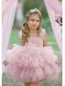 Pearl Beaded Pink Tulle Tiered Flower Girl Dress